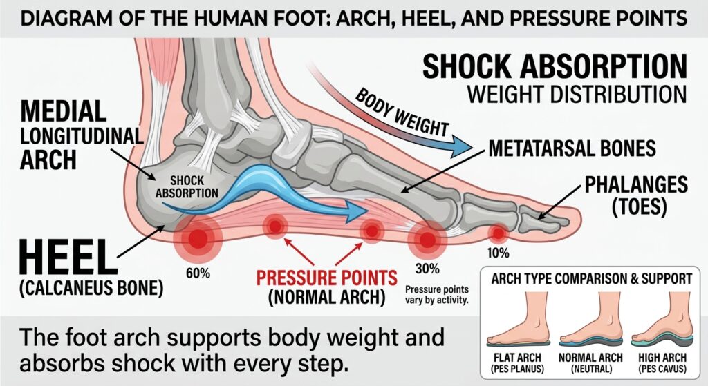 Human foot anatomy diagram showing arch, heel, and pressure points.