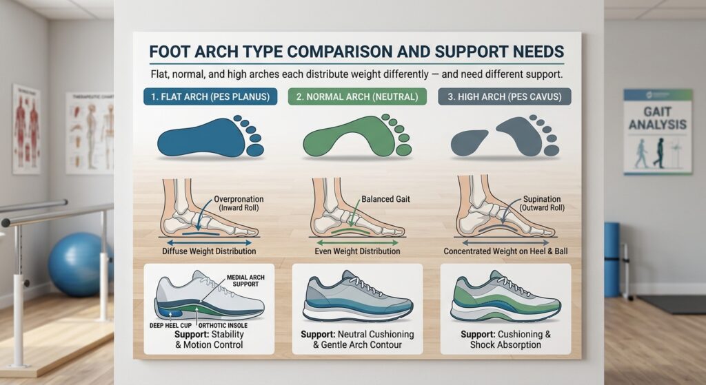 Comparison of flat arch, normal arch, and high arch footprints.