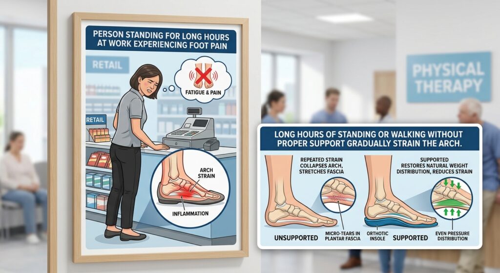 Foot pain from long standing hours and arch support solution.